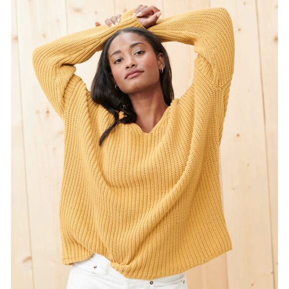 NWT Jenni Kayne Cotton Cabin Sweater Mustard Long Sleeve Knit Fisherman NEW sz M - Picture 1 of 12
